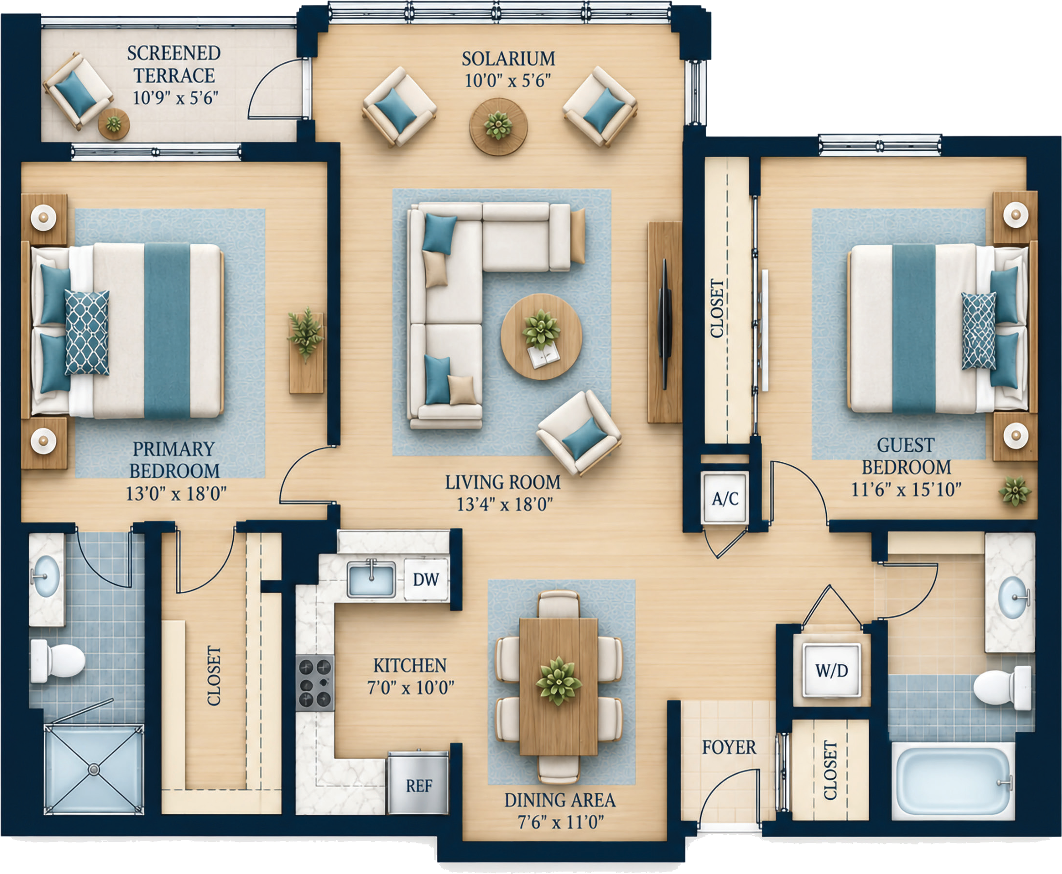 The Jacaranda floor plan: 2 Bedroom, 2 Bath, 1410 sq ft total