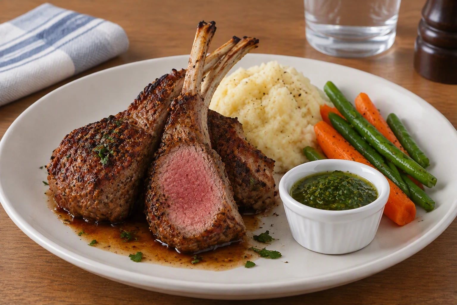 Herb-crusted lamb chops with mashed potatoes, carrots, green beans, and a cup of herb sauce