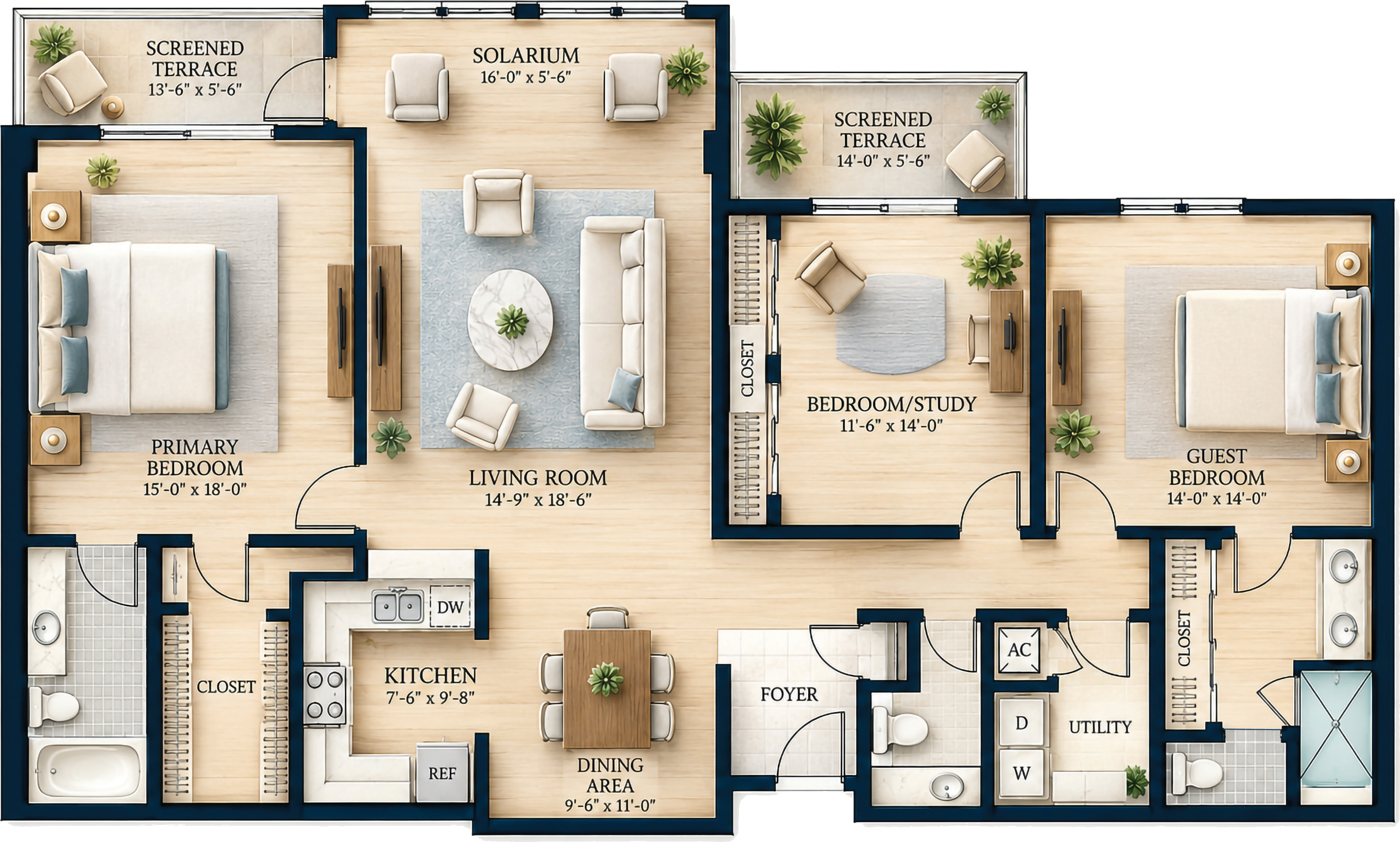 The Banyan floor plan: 3 Bedroom, 2.5 Bath, 1956 sq ft total
