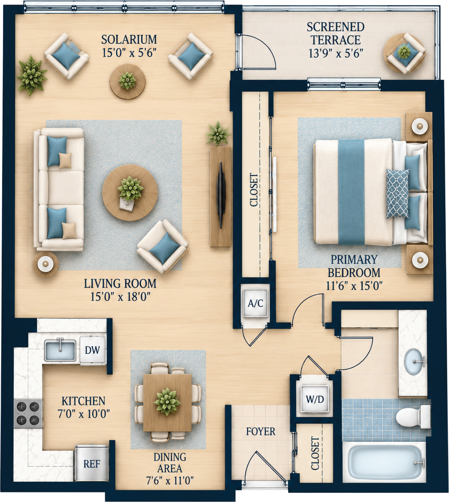 The Mango floor plan: Deluxe 1 Bedroom, 1 Bath, 1080 sq ft total