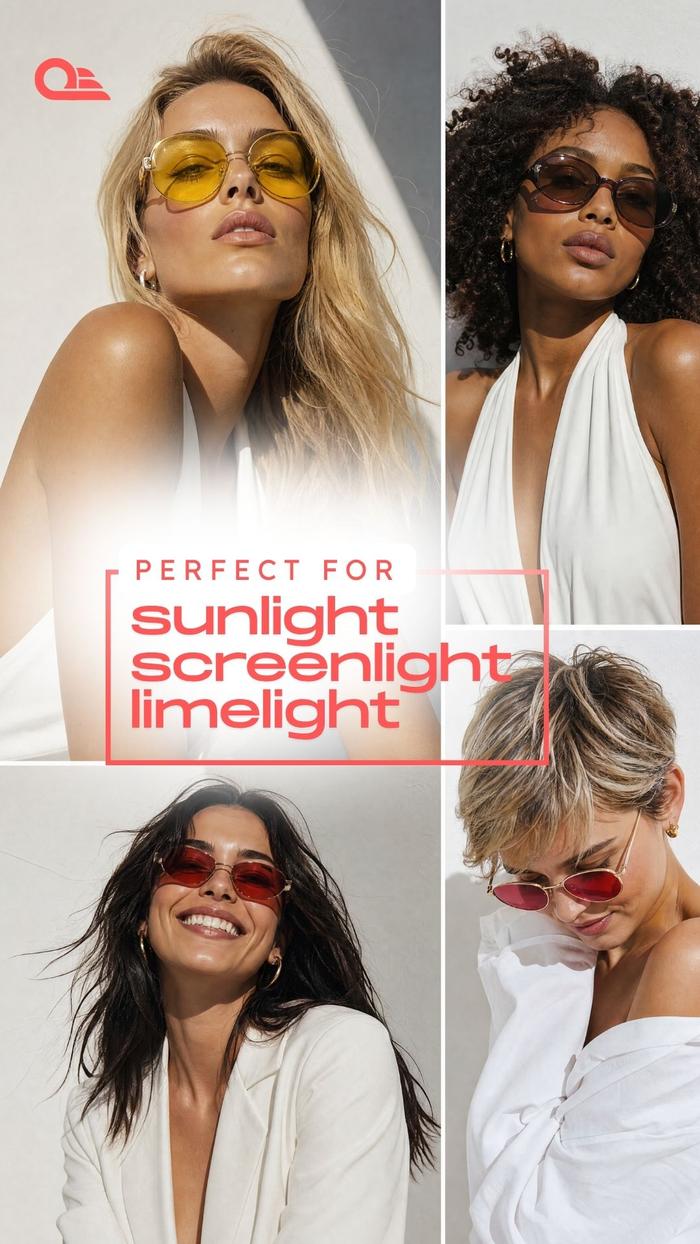 Four women wearing blue light blocking sunglasses posing for a model shoot