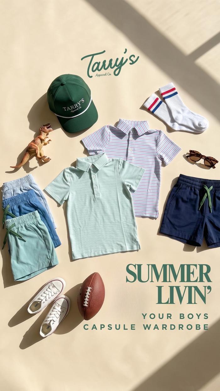 Overhead shot of Tarry's Apparel for boys, Summer Livin Ad, featuring shorts, polos, socks and a hat.
