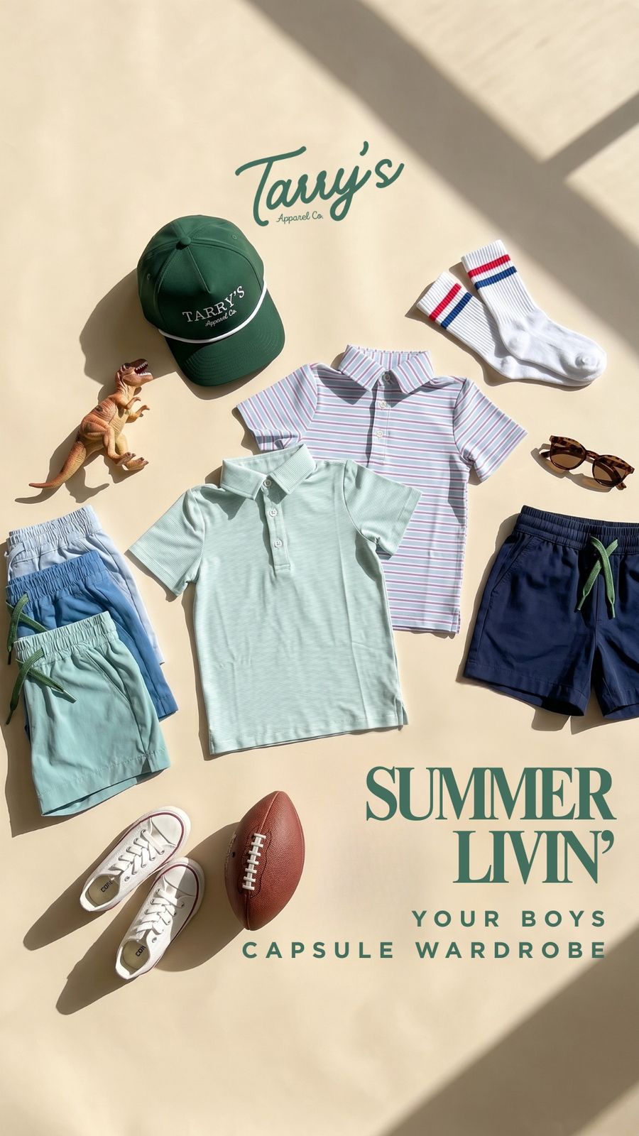 Overhead shot of Tarry's Apparel for boys, Summer Livin Ad, featuring shorts, polos, socks and a hat.