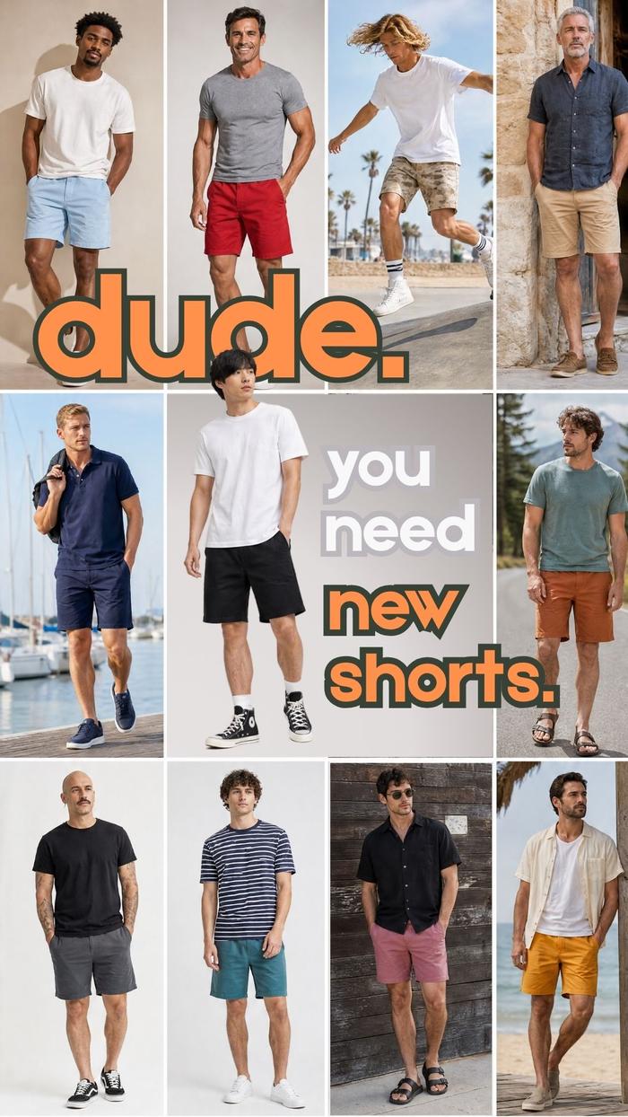 12 image grid of men wearing Dude Shorts in multiple colors and styles.