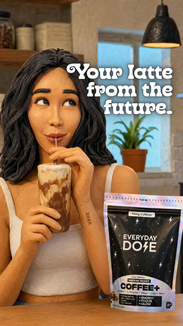 Everyday Dose ad featuring a claymation style woman sitting at a counter drinking a latte from the future in Everday Dose.