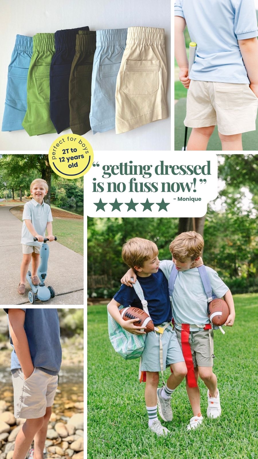 Photo layout grid of boys wearing Tarry's Apparel clothing, hanging out with football wearing chino khaki shorts.