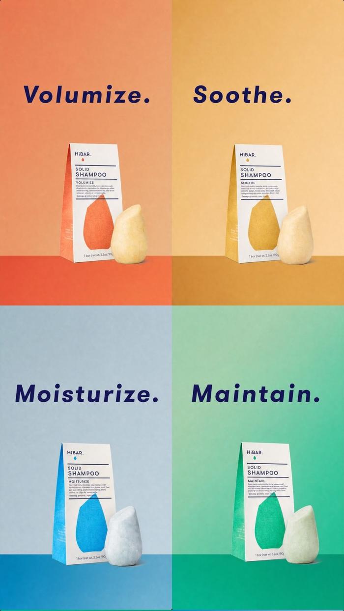 A four color grid of shampoo bars in volumize, soothe, moisturize and maintain varieties.