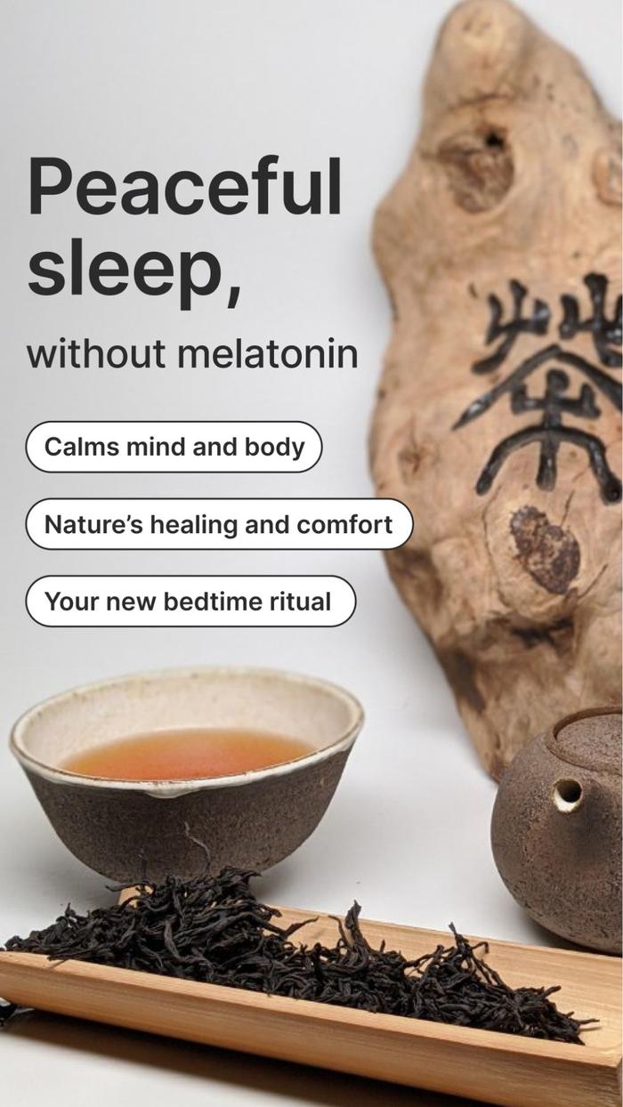 Ad for One Tea featuring a bowl of black leaf tea and a headline that reads Peaceful Sleep.