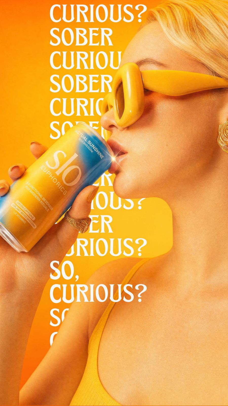 Abstract and artistic poster of model drinking SLO beverage with sober curious headline.