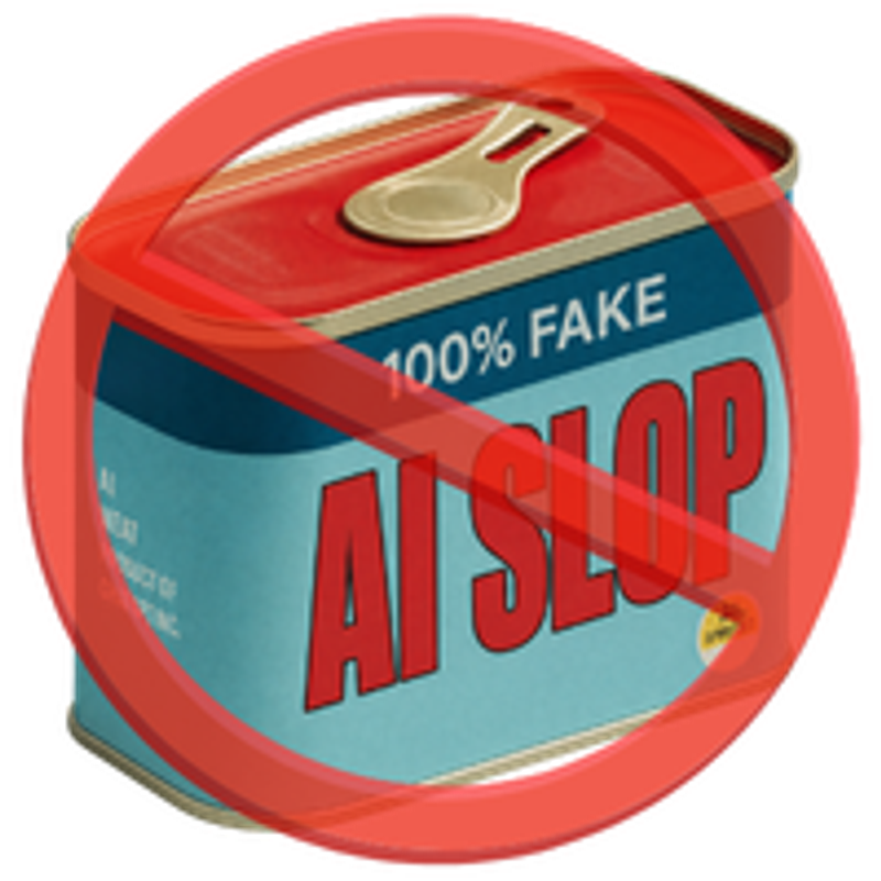 A tin can labeled "100% Fake AI Slop" crossed out with a red no symbol