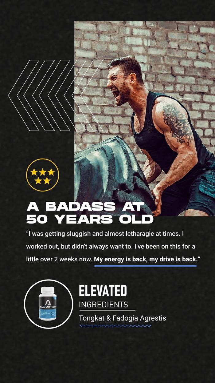 Middle aged man lifting a tire with a caption and supplement bottle highlighted