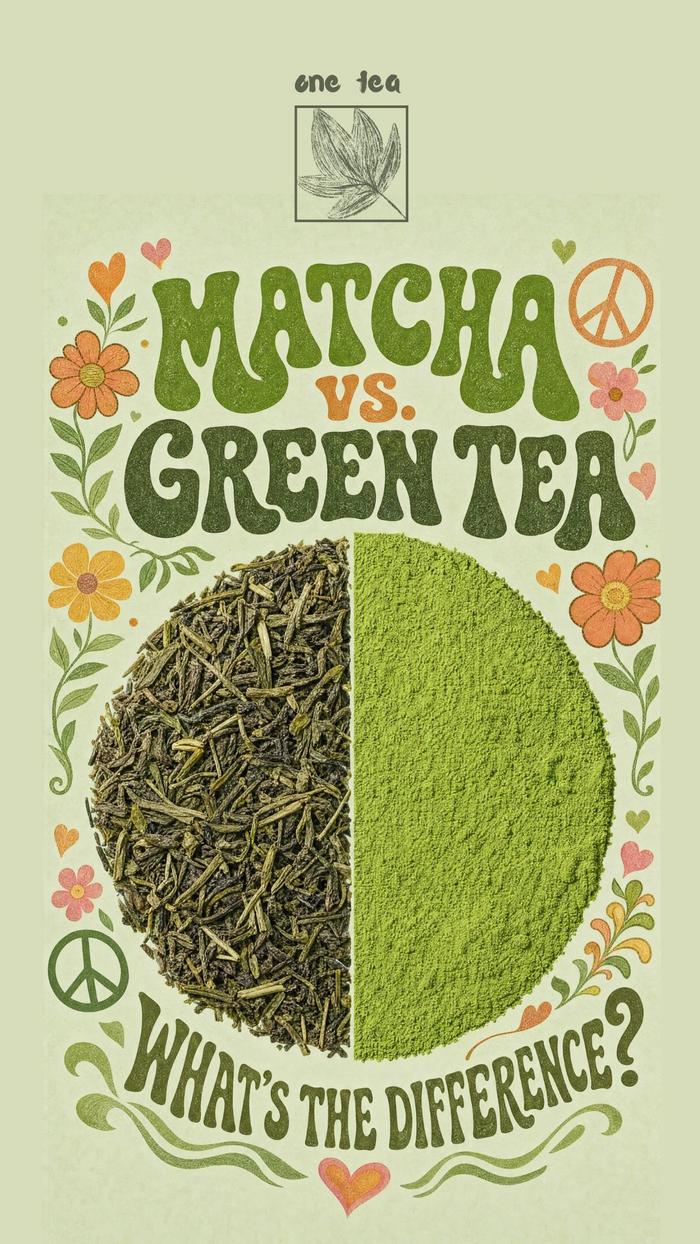 One Tea ad featuring a matcha vs green tea side by side comparison poster style.