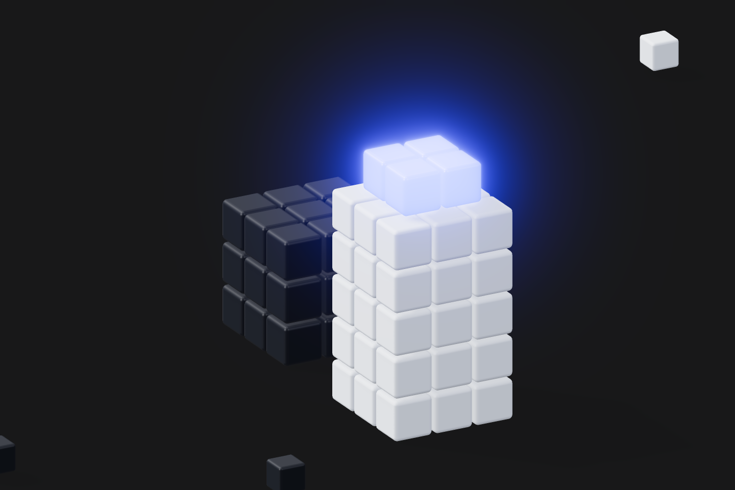 Three ascending voxel tiers, the tallest crowned in electric blue, two shorter ones in white.