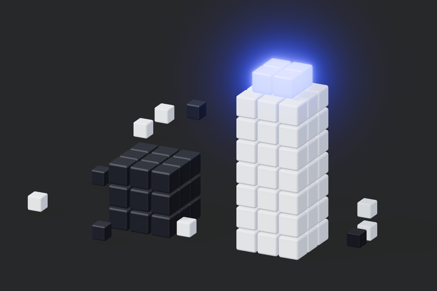 A glowing blue voxel block stands tall beside a dim, shrinking white block, showing a widening gap between them.