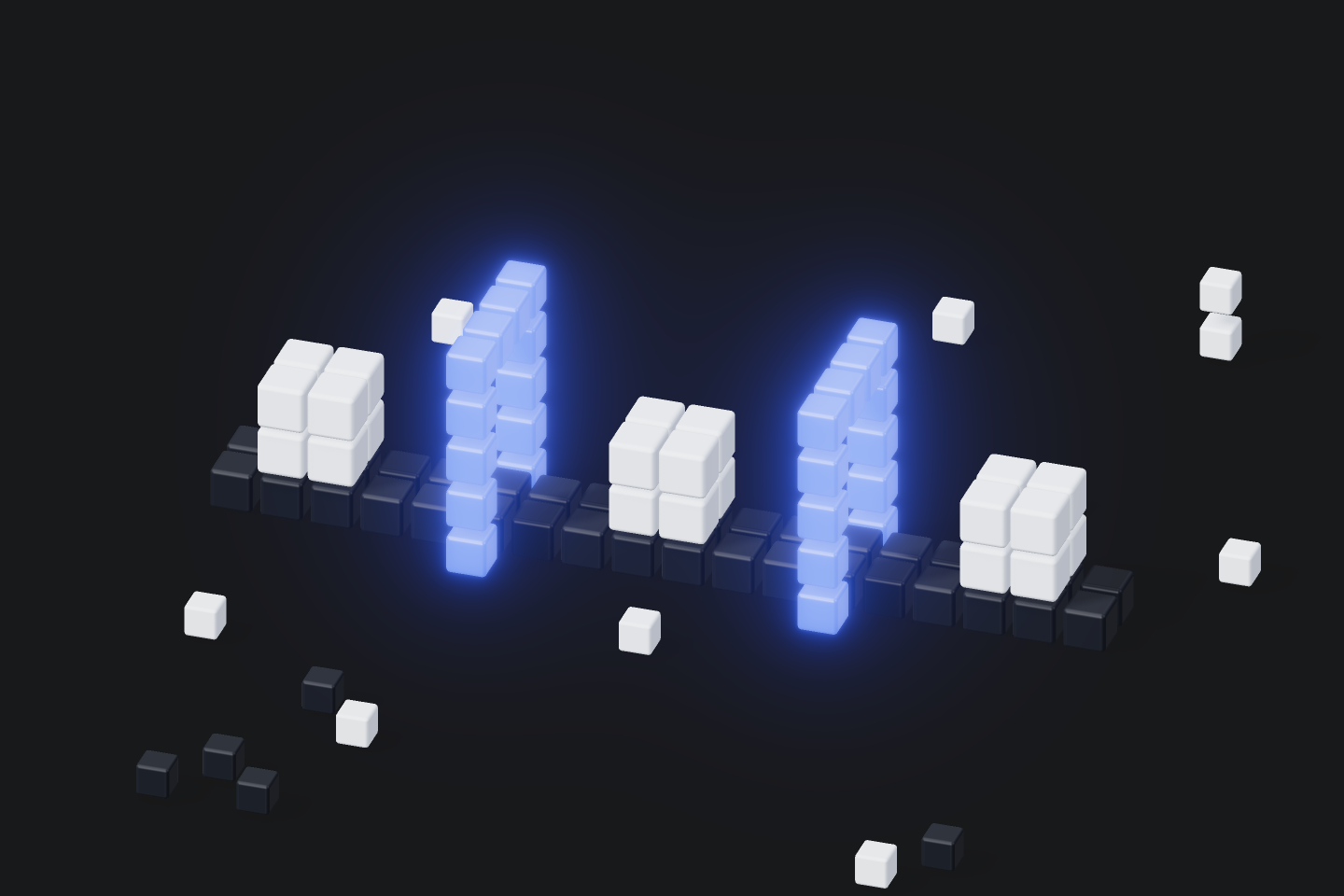 Voxel payloads stream continuously along a belt beneath glowing blue scan gates, never pausing.