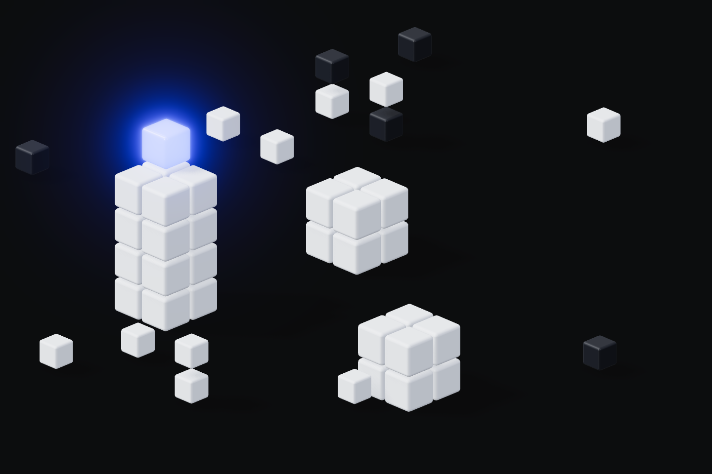 A cluster of white voxel cubes surrounds one glowing electric-blue cube, commanding the scene.