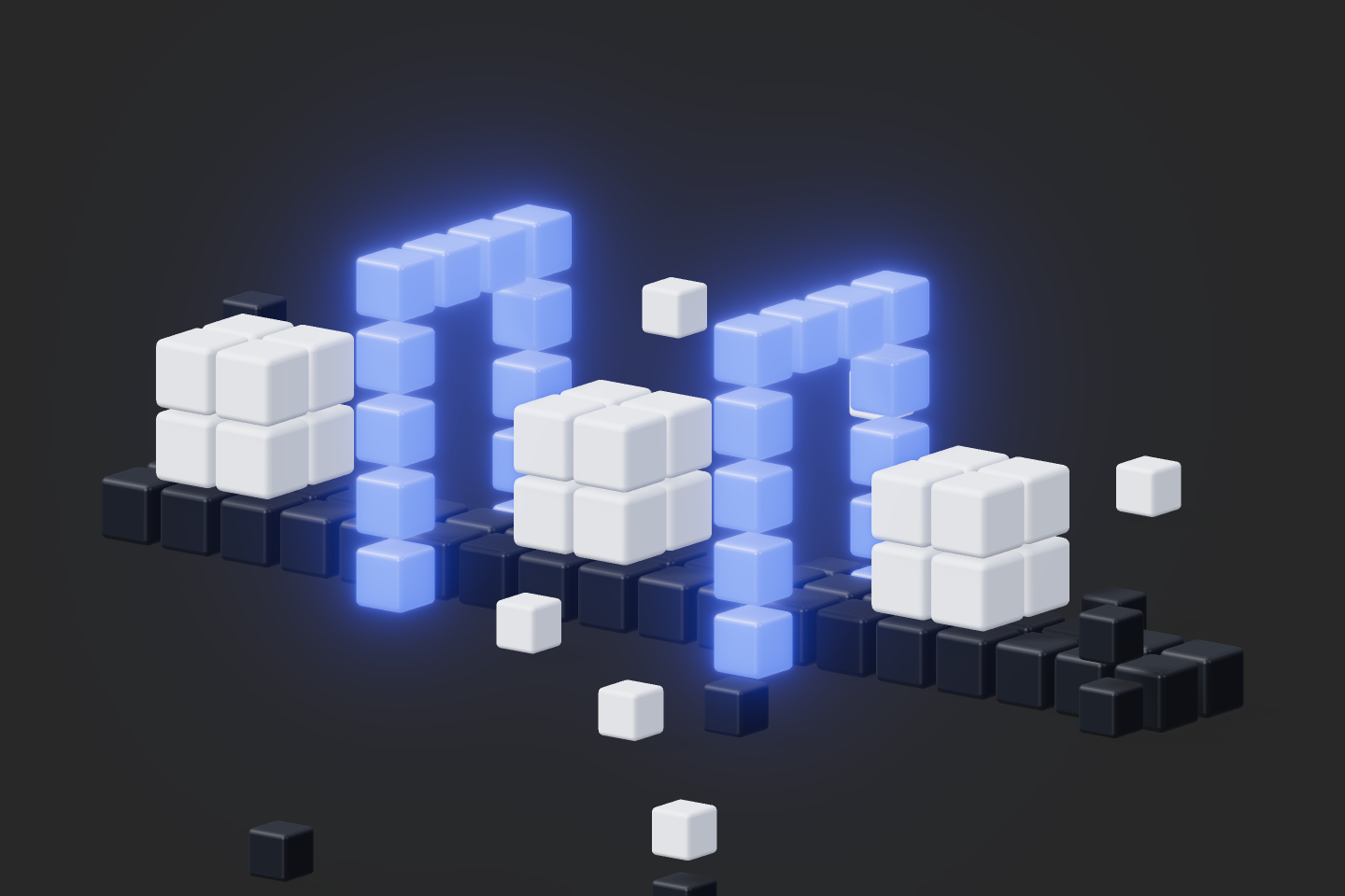 White payload cubes stream continuously along a belt beneath repeating blue scan gates, never pausing.
