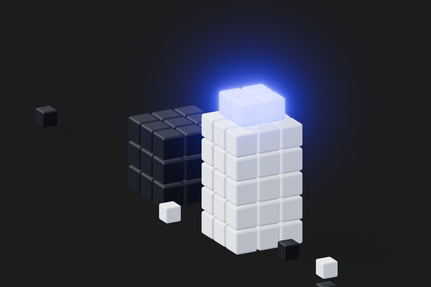 Two voxel blocks side by side, one dark and static, one glowing electric blue and taller, showing continuous versus periodic contrast.