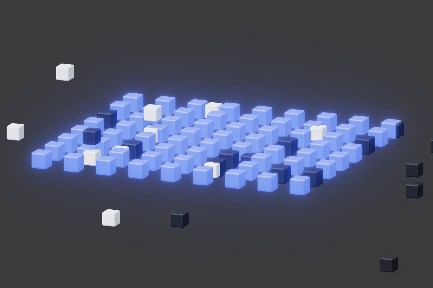 A voxel grid of cubes maps attack surfaces, with blue cubes marking priority test types.