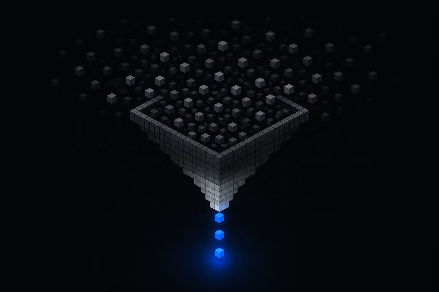 Many faint scattered cubes entering the top of a funnel, converging into a few solid glowing cubes at the bottom.