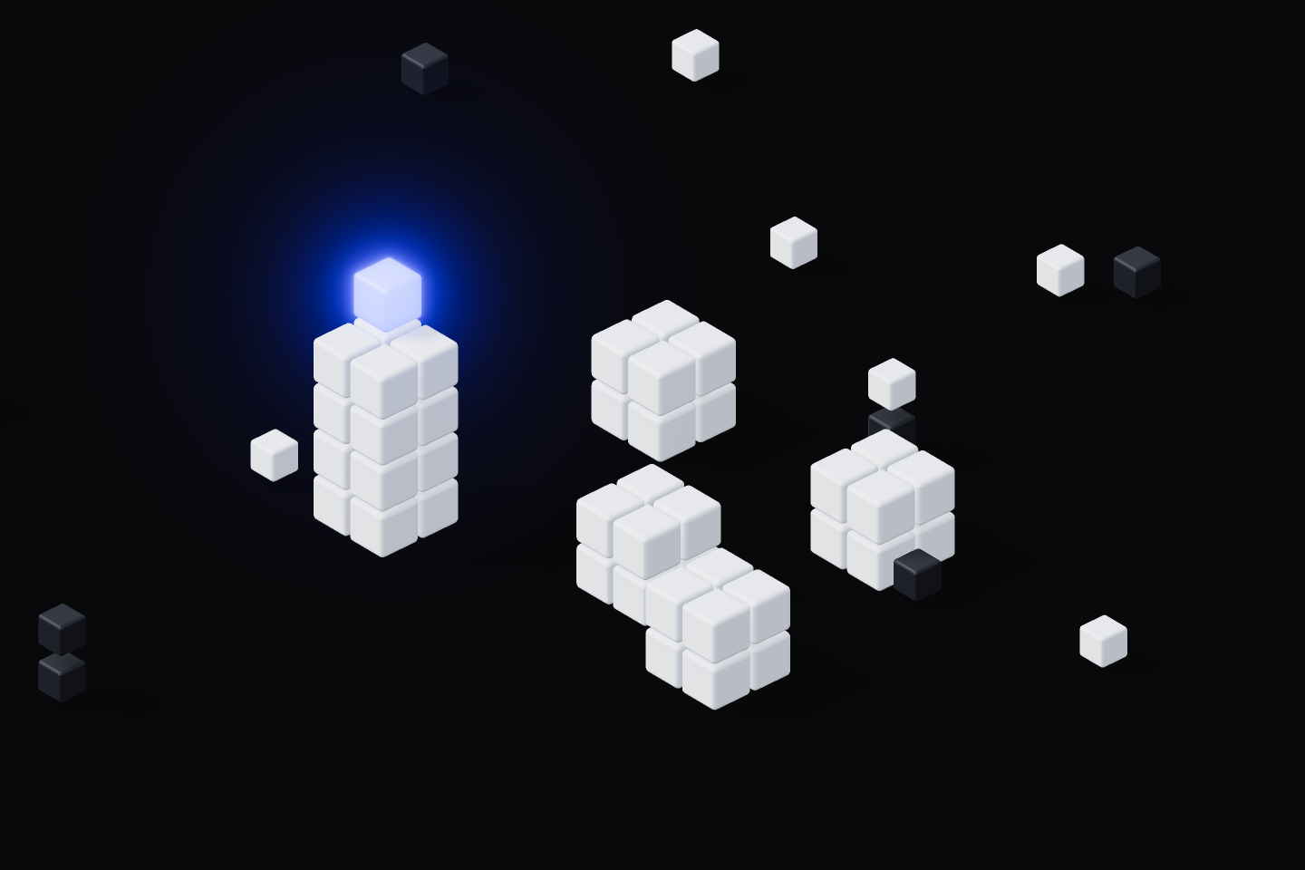A cluster of white voxel cubes surrounds one glowing electric-blue cube, representing adversarial security probing a defended system.