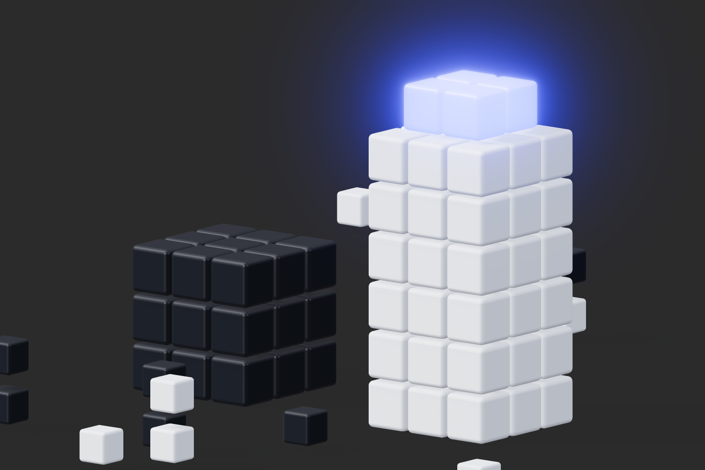 Two voxel towers side by side, one dark for external perimeter testing, one glowing electric blue for internal lateral movement testing.