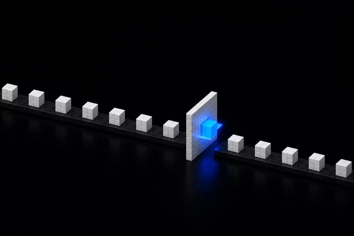 A line of white voxel blocks moving along a track through a white voxel gate, with one block held inside the gate and lit bright blue, representing a change caught in review before it merges