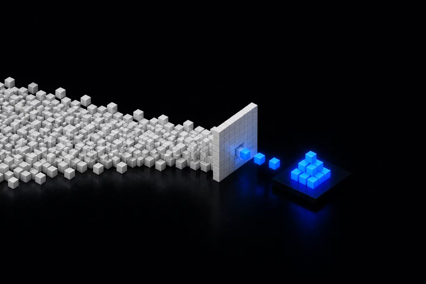 A dense field of white voxel cubes funneling through a narrow gate, with only a few glowing blue cubes emerging and stacking on a pedestal, representing raw output filtered down to proven findings