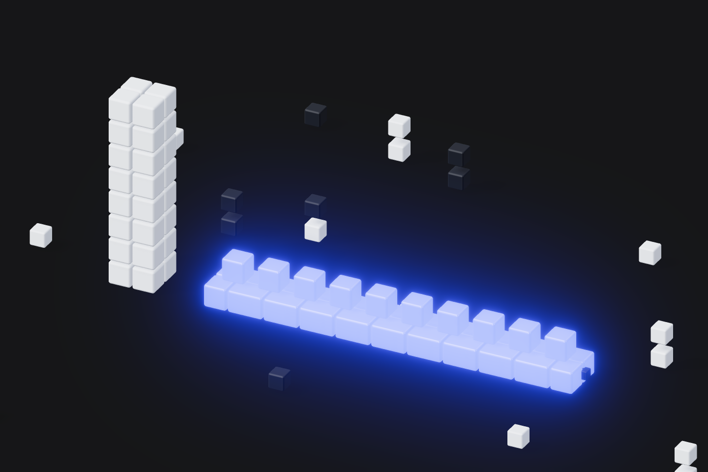 A lone tall voxel tower beside a long continuous row of glowing blue markers stretching into darkness.