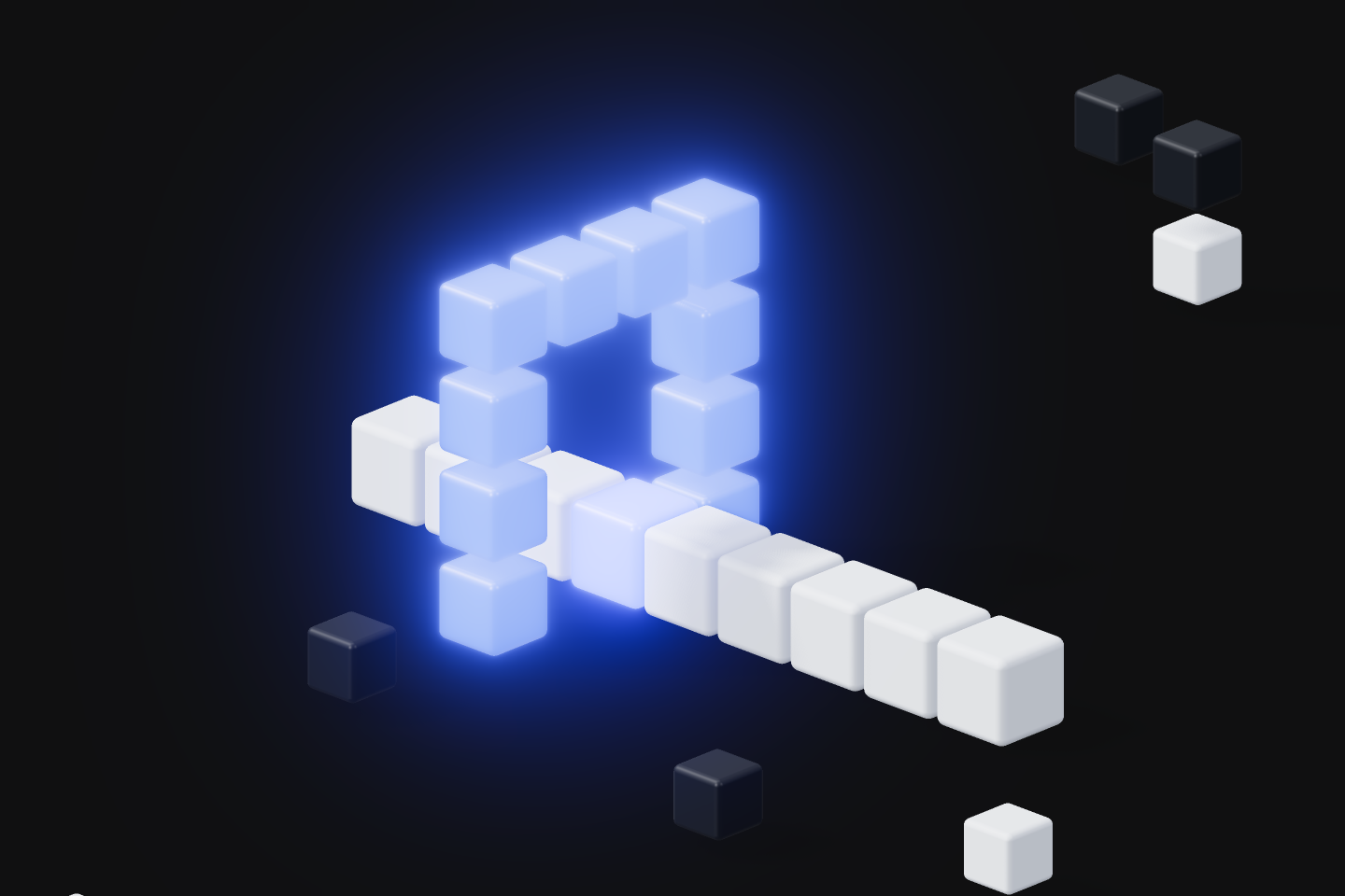 A voxel conveyor carries grey cubes through a gate, one glowing blue cube held back and blocked.