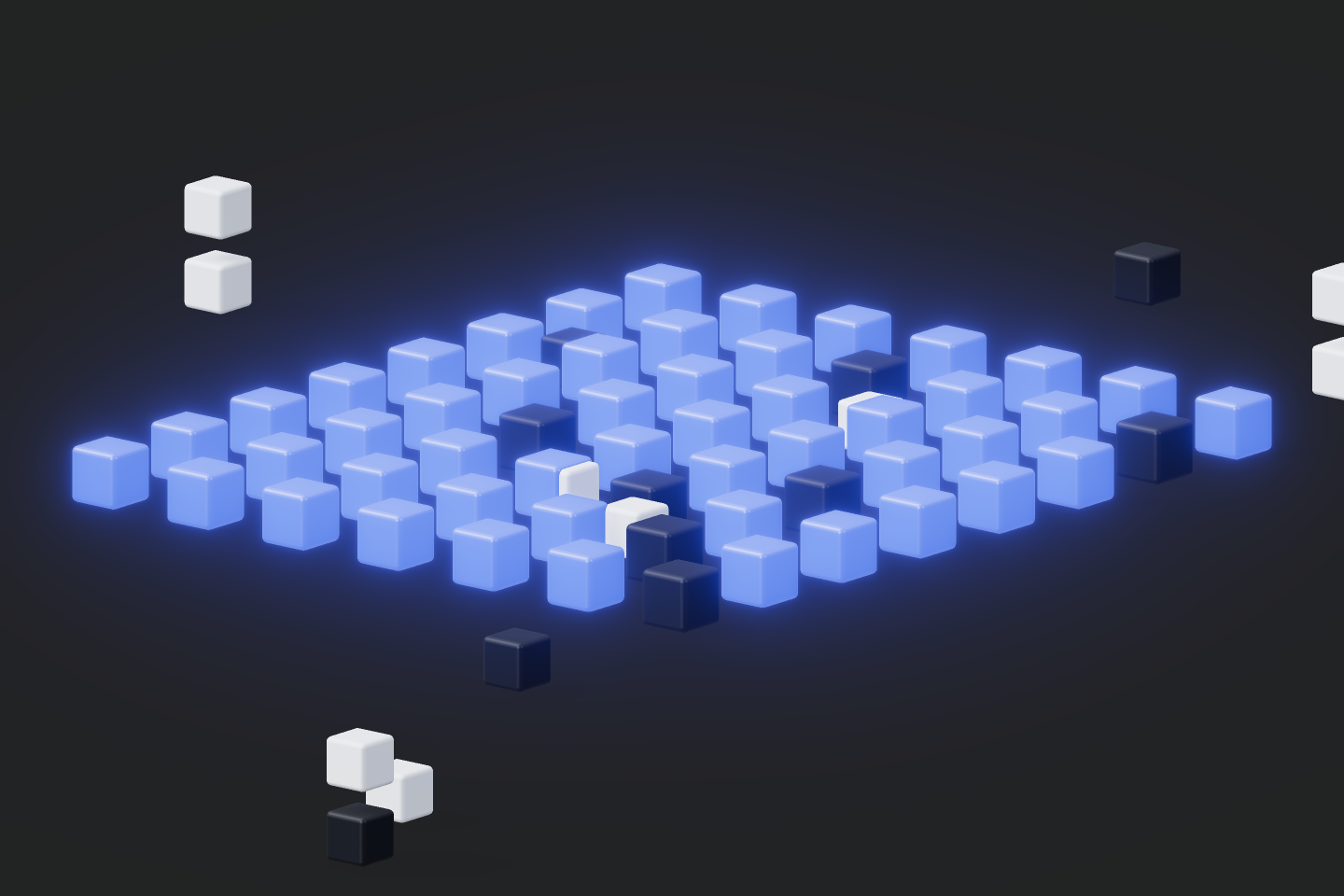 A voxel grid of cubes, most glowing blue for missed assets, a few dark cubes marking the gaps in scope coverage.