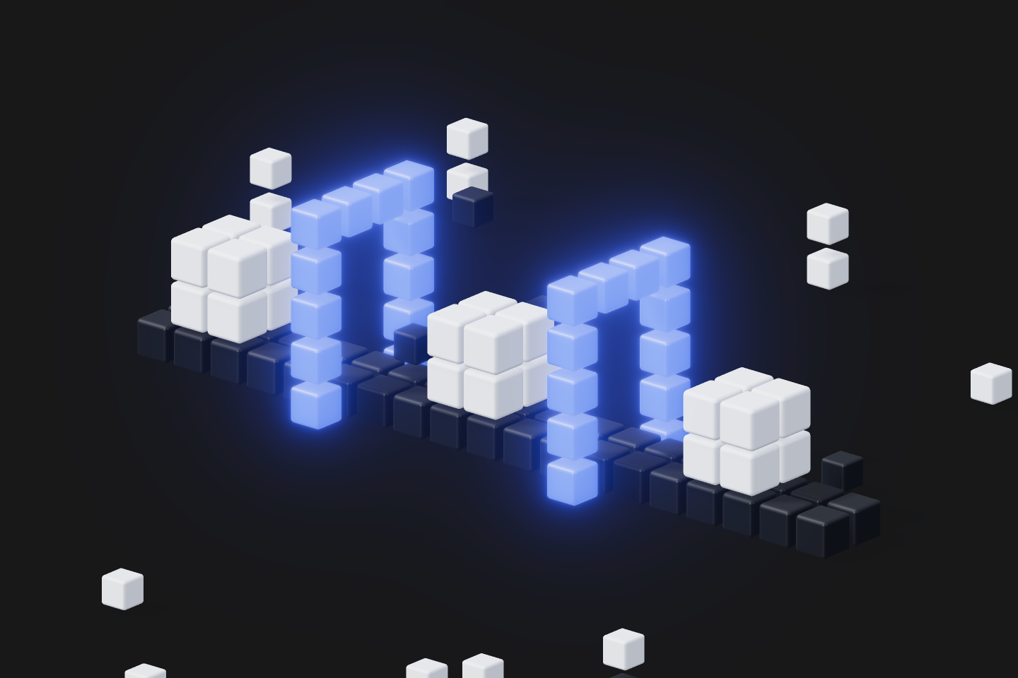 White payload cubes ride a continuous belt beneath glowing blue scan gates, never stopping.