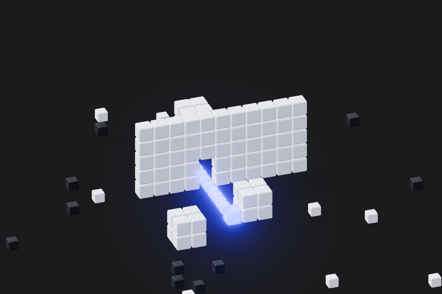 A glowing blue request slips through a cracked voxel wall into a forbidden zone beyond.