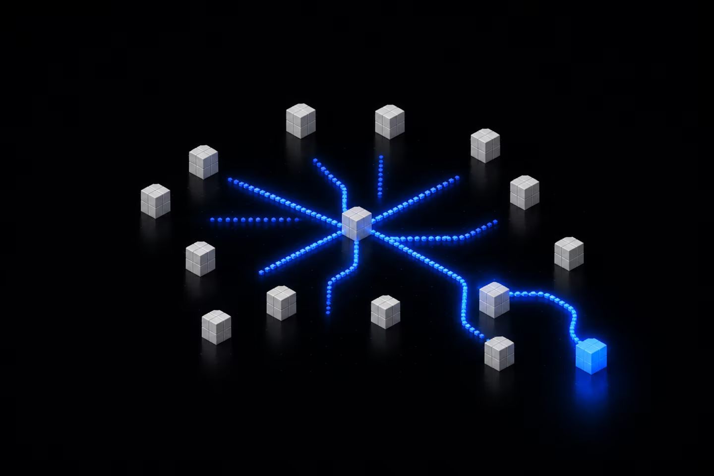A white voxel block at the center of a ring of other blocks, with blue threads branching outward, most stopping at dead ends and one continuing to a block on the outer edge that glows blue.