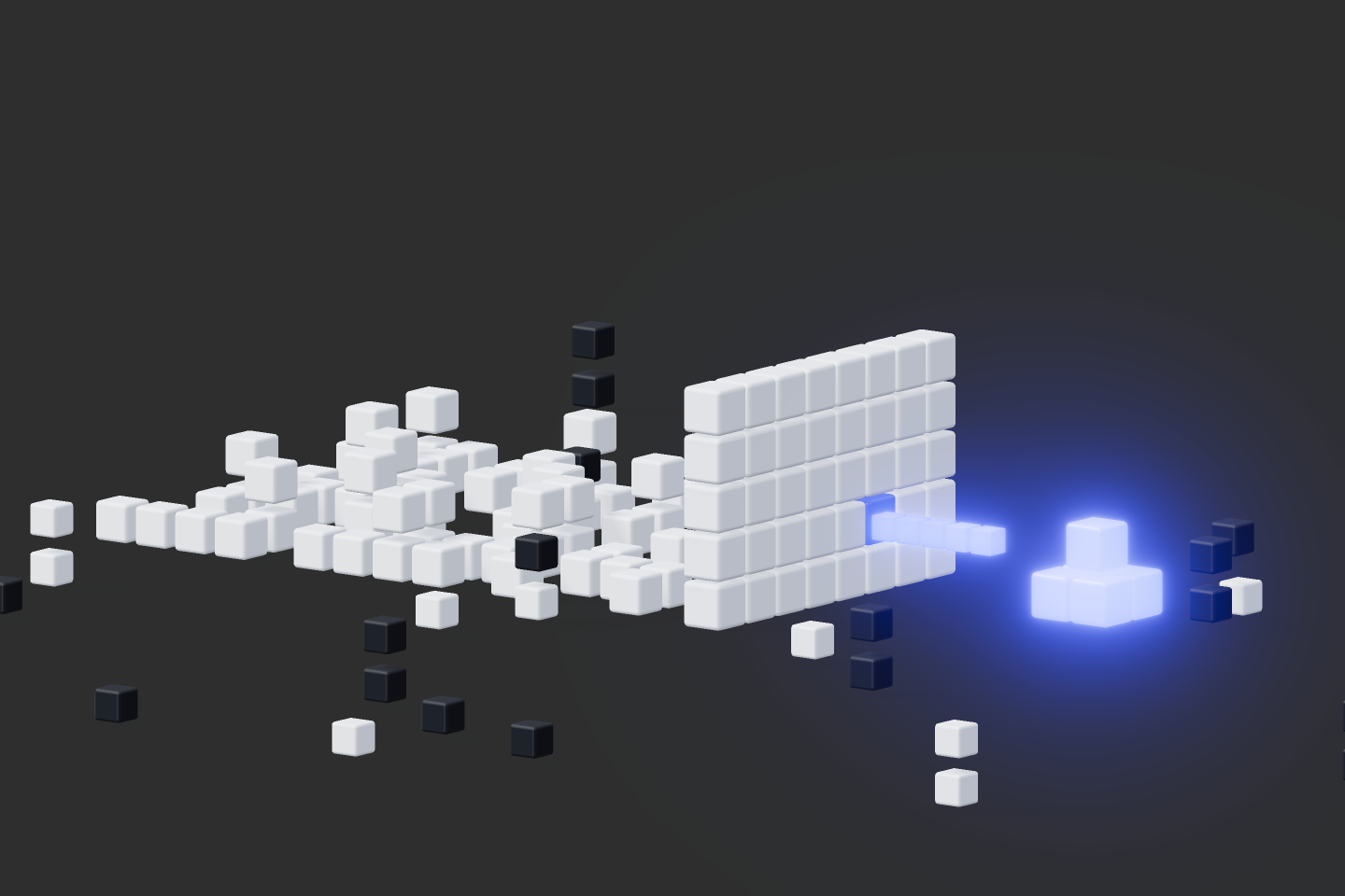 A dense field of white voxel cubes with a few glowing blue cubes surfacing as real findings among the noise.