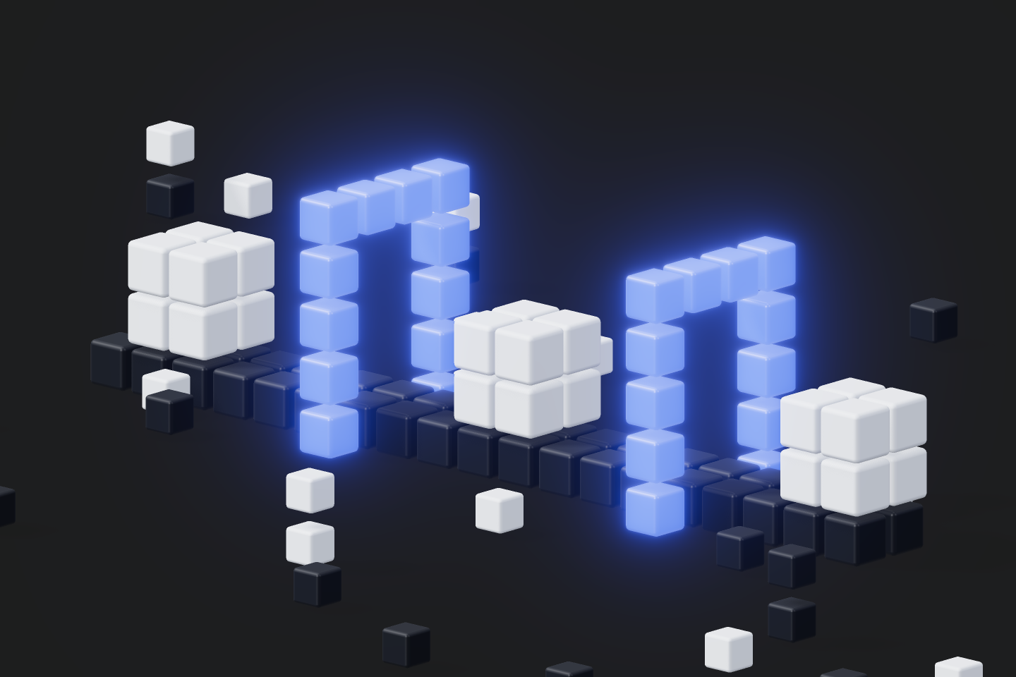 White payload cubes roll continuously under glowing blue scan gates, never pausing between builds.