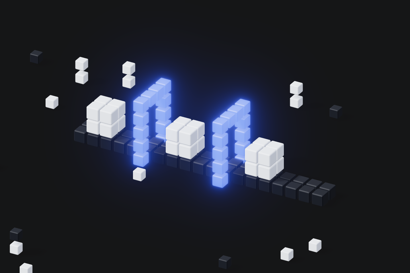 White voxel payloads roll continuously under glowing blue scan gates on an isometric belt.