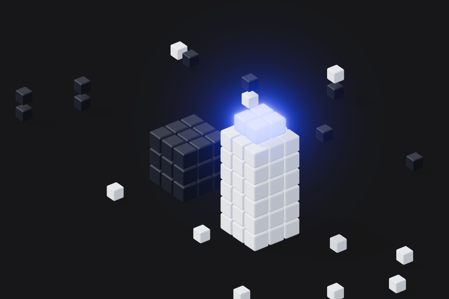 Two voxel blocks side by side, one white and dim, one glowing electric blue, on near-black.