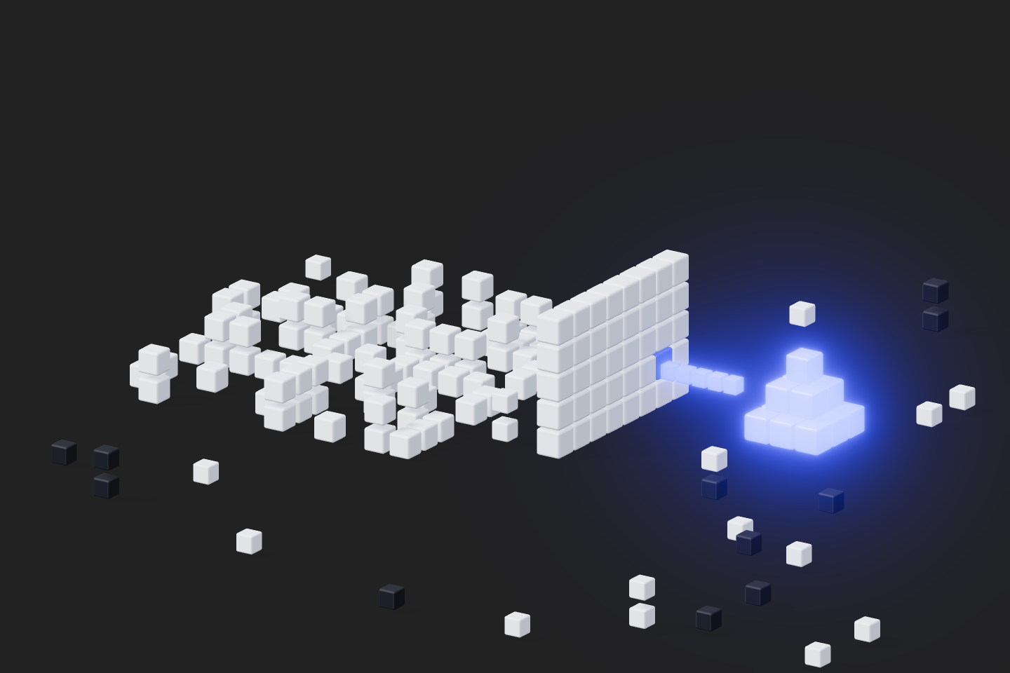 A dense field of white voxel cubes with a few glowing blue cubes surfacing as real findings.