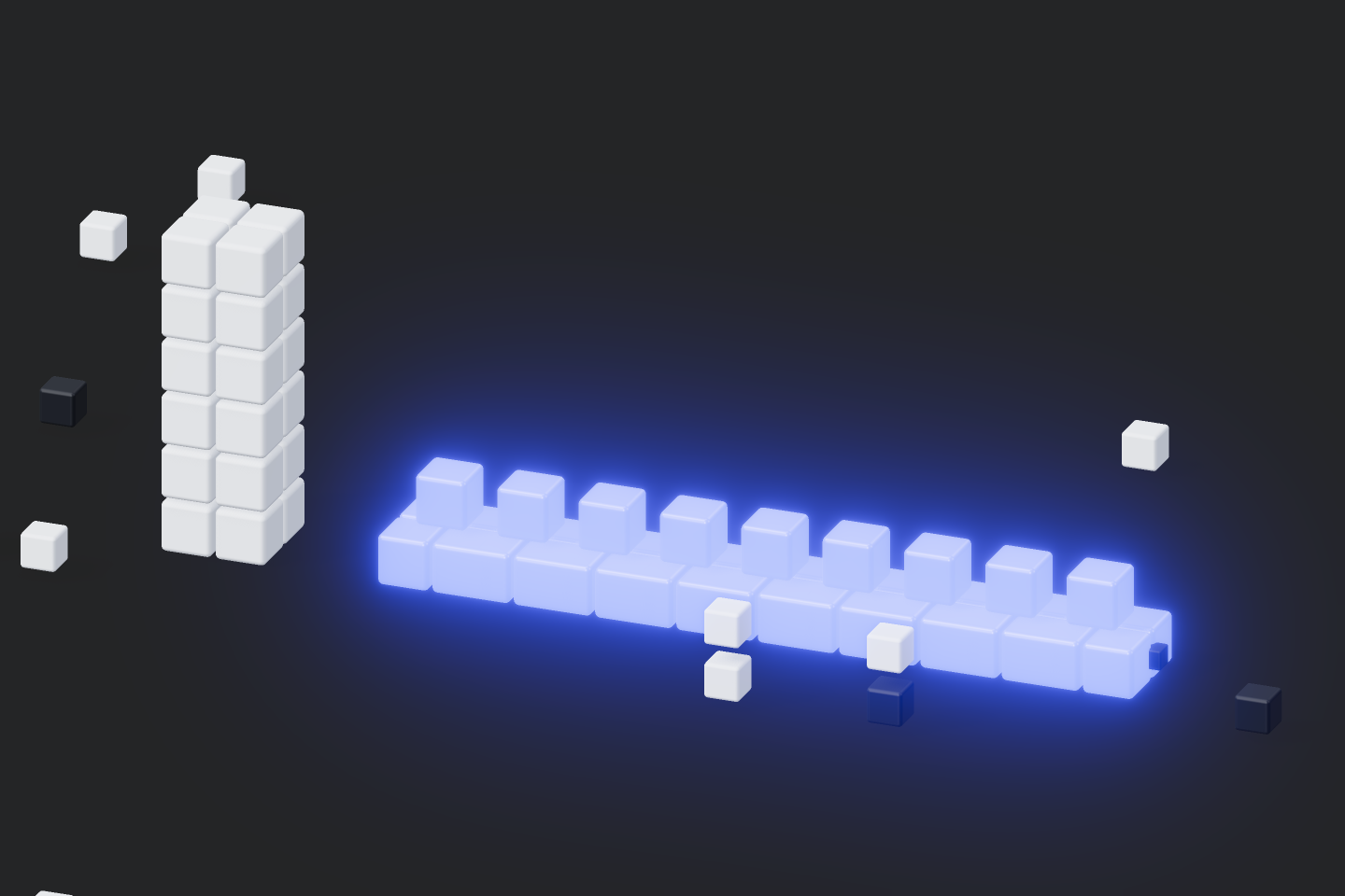 A lone tall voxel tower stands beside a long continuous row of glowing blue markers.