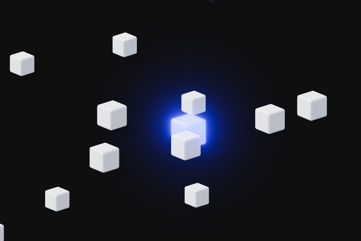 A single electric-blue voxel cube glows among scattered white and grey cubes on a near-black ground, signaling one clear answer amid complexity.