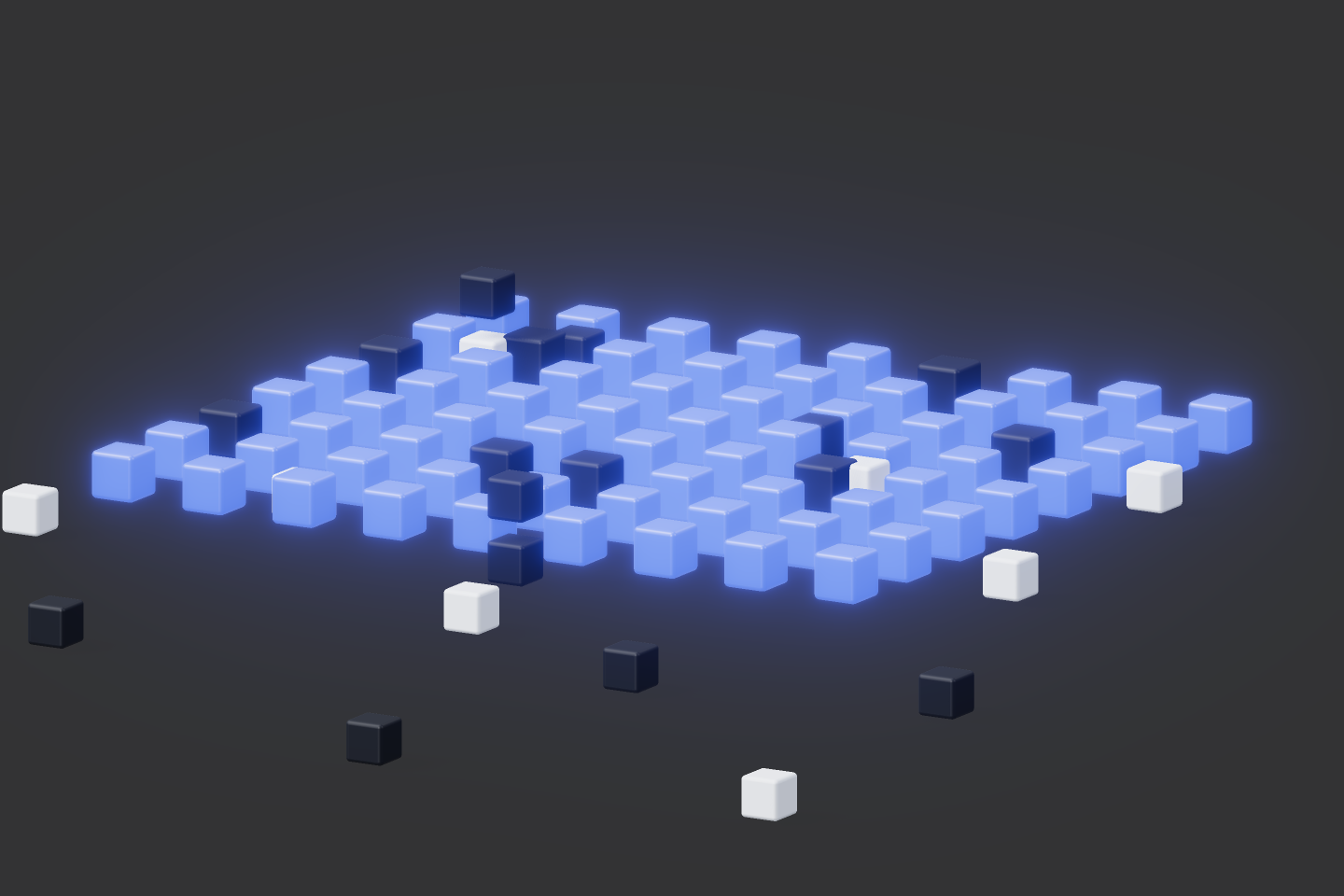 A voxel grid of cubes arranged in rows, some glowing electric blue and some dark, showing a pass-fail matrix across two scored columns.