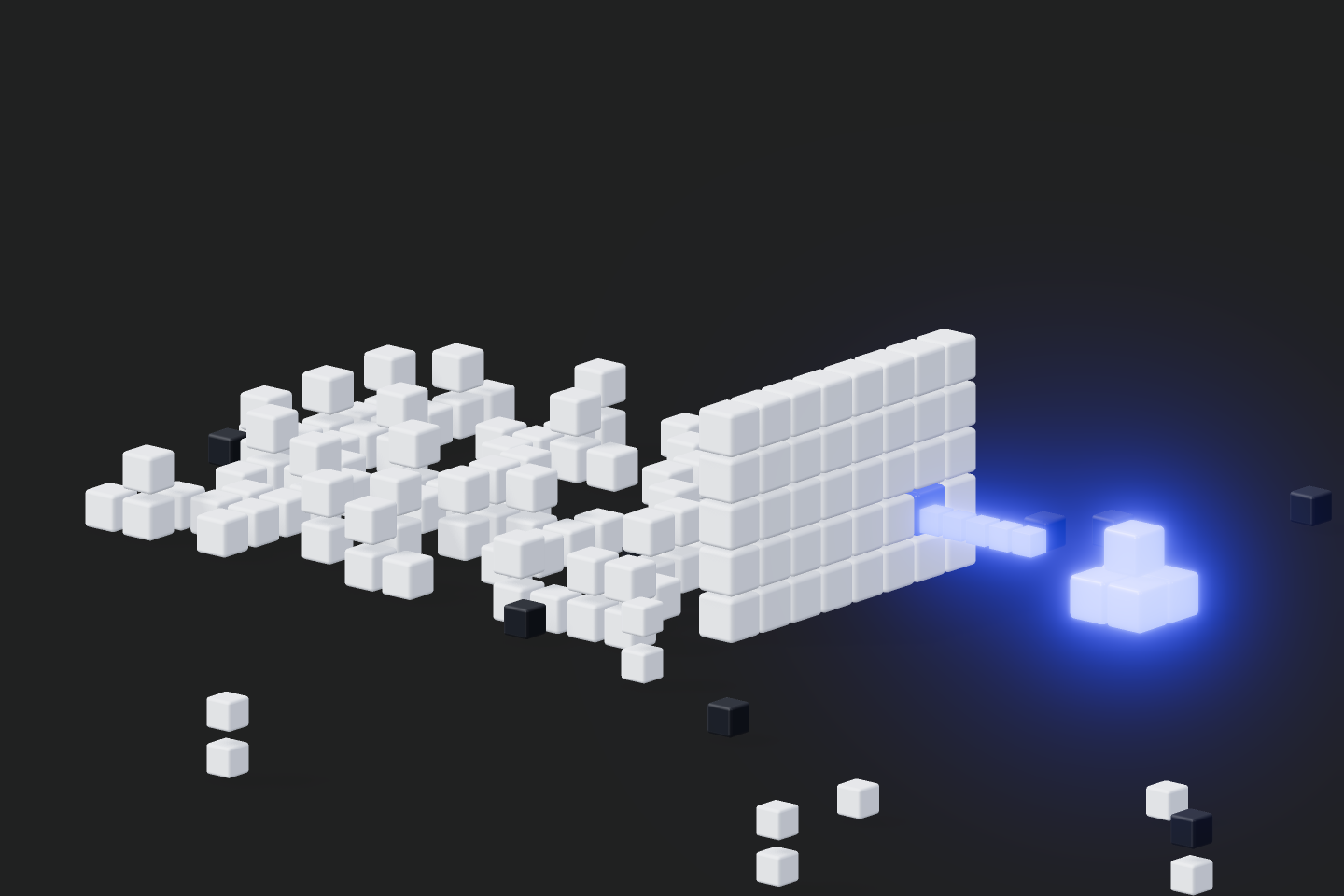 A vast field of white voxel cubes with a few glowing blue cubes surfacing, representing real assets found among uninventoried cloud services.