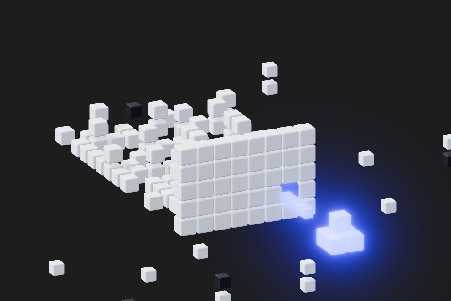 A dense field of white voxel cubes with a few glowing blue cubes surfacing as real findings among the noise.