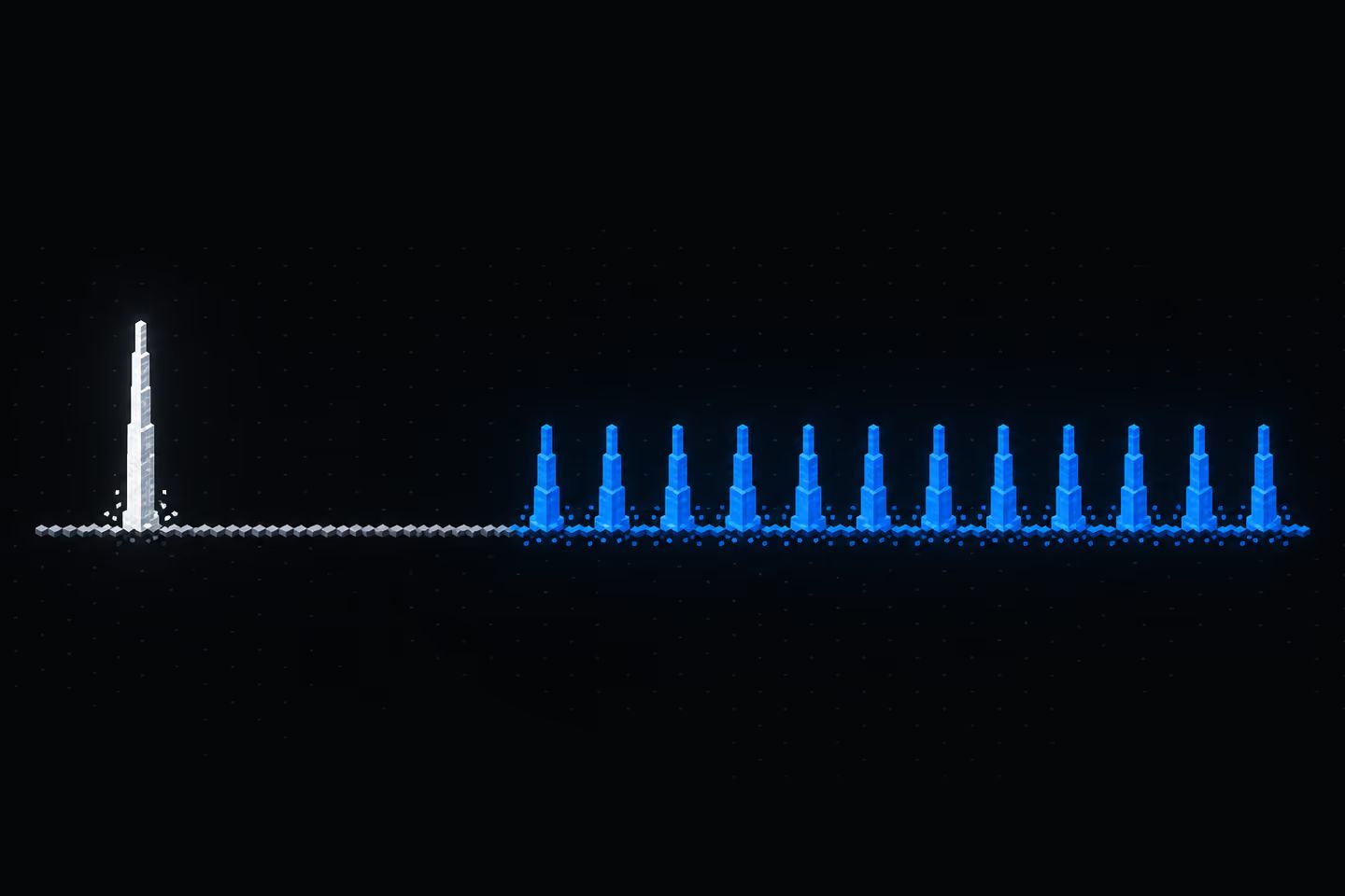 One tall isolated pulse followed by a long gap, contrasted with a steady continuous series of evenly spaced pulses.