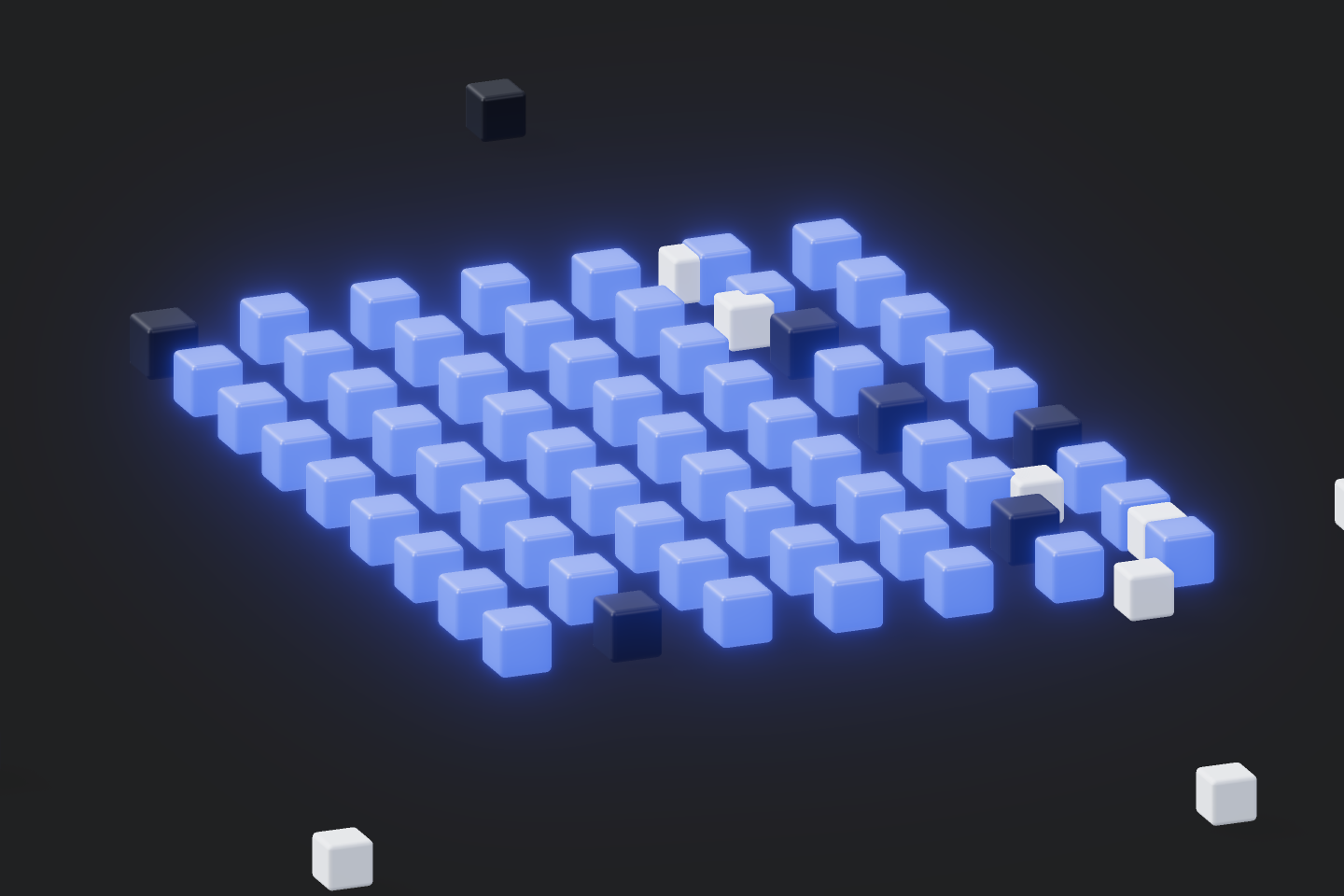 A voxel grid of cubes, most glowing blue and a few dark, mapping pass-fail outcomes across many pricing schemes.