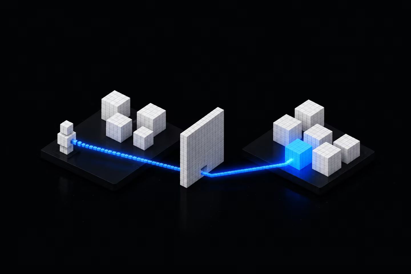 Two voxel platforms separated by a wall, with a blue beam from a figure on one platform passing through a gap and lighting up a data cube on the other.
