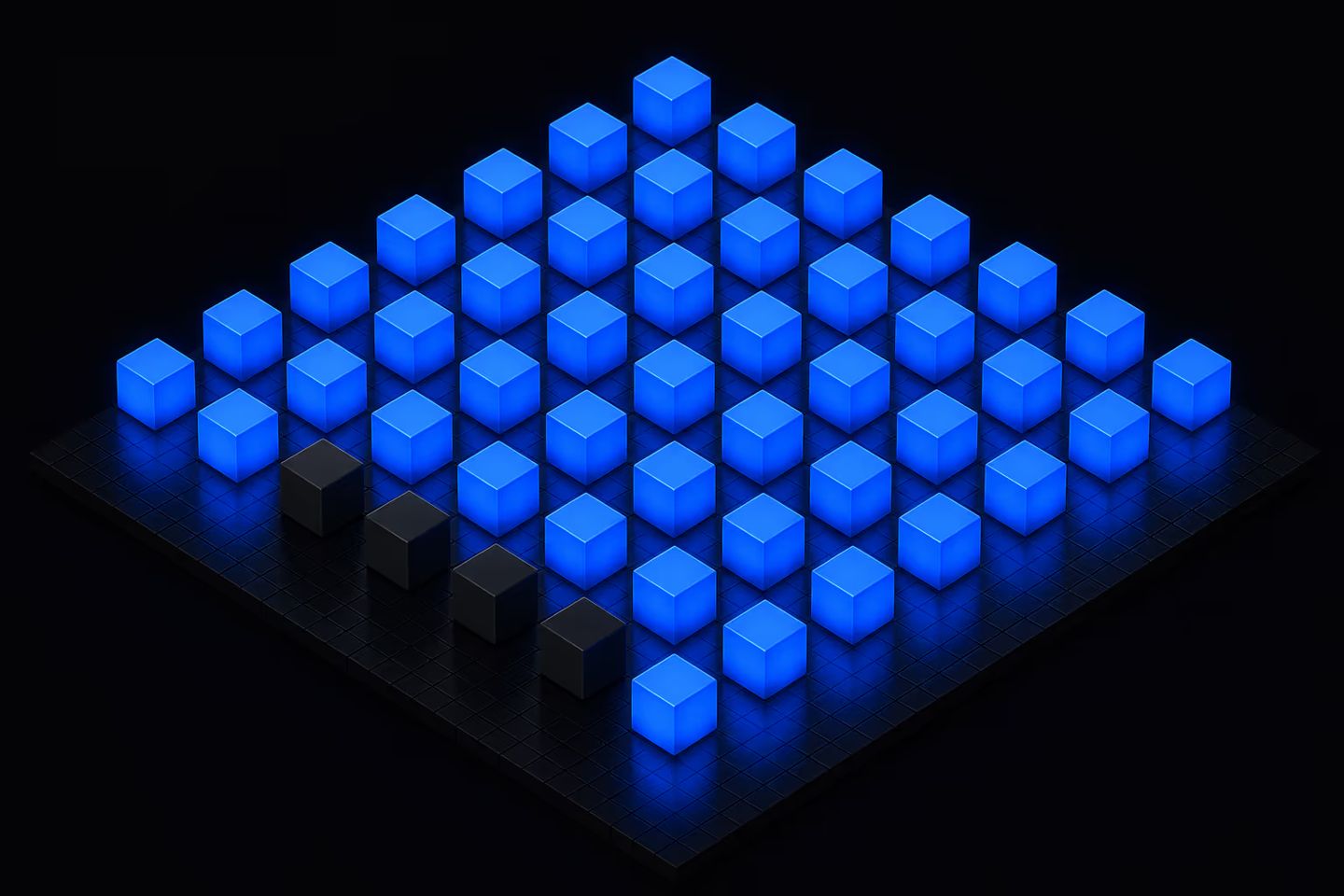 A grid of small cubes on a dark floor, most lit bright blue and a few left dark and unlit in one corner.