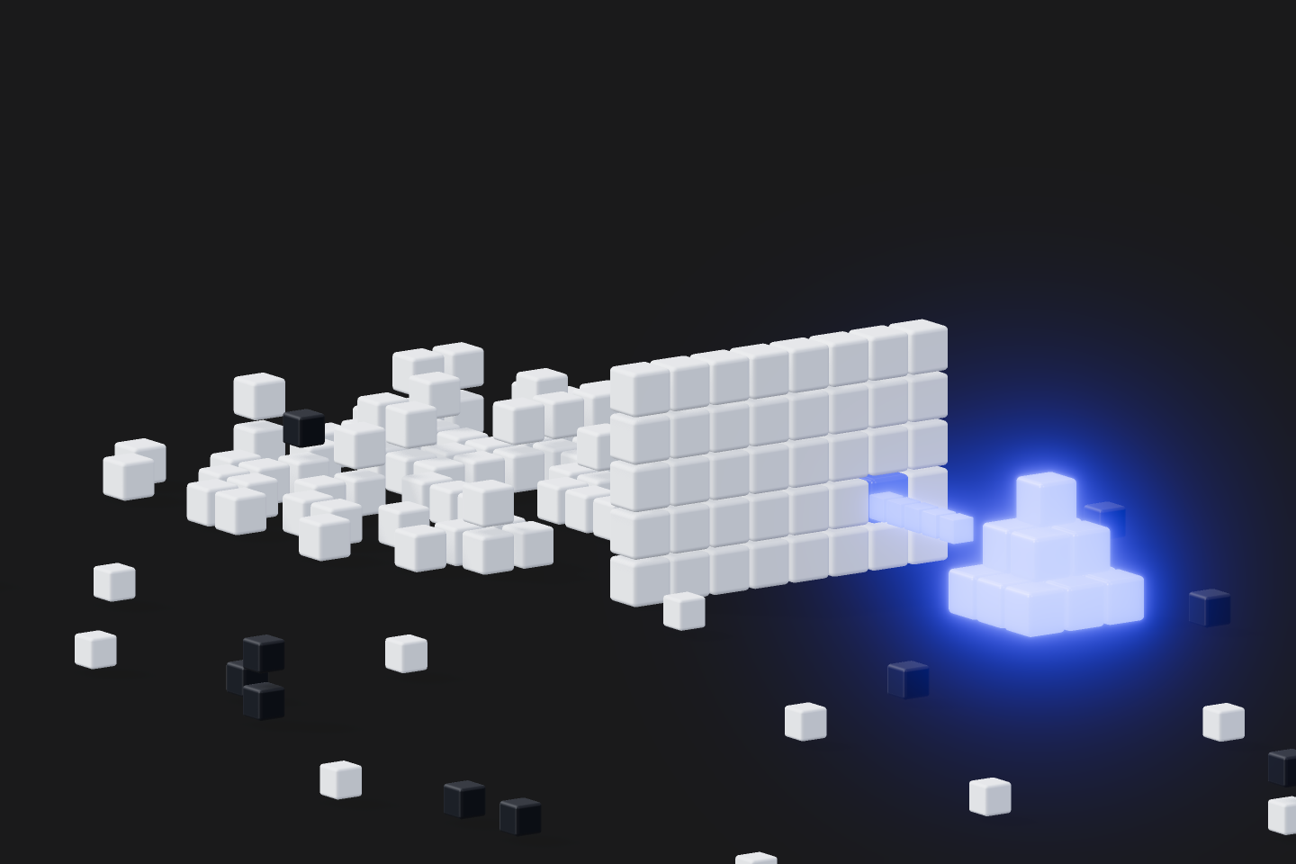 A vast field of white voxel cubes with a few glowing blue findings rising from the noise.