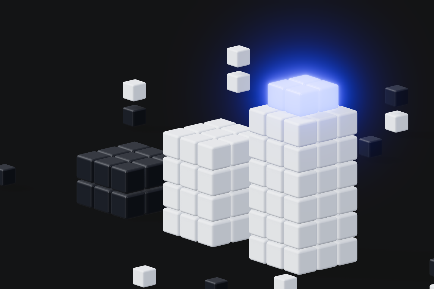 Ascending voxel tiers show hidden costs stacking beyond the invoice, one tier glowing blue.